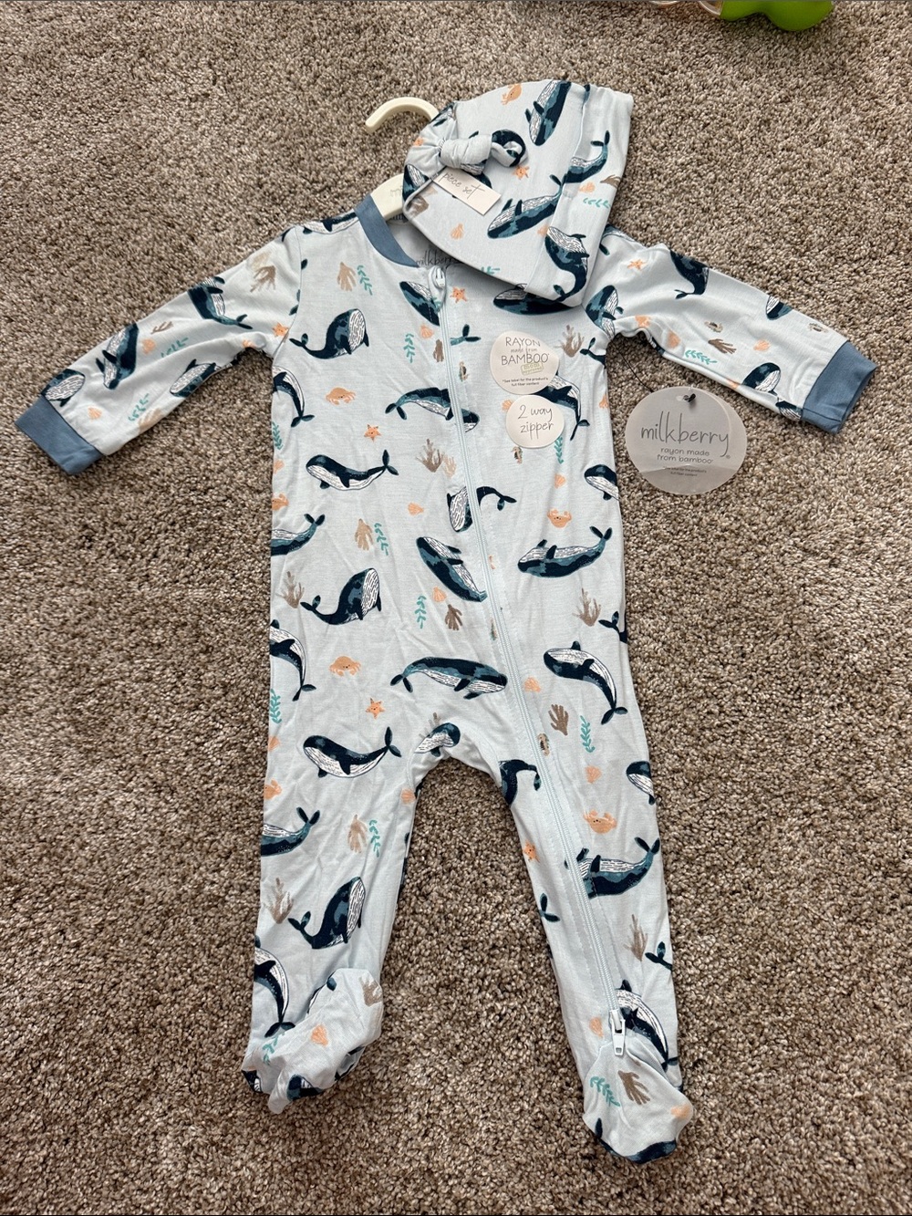 Milkberry Baby Blue Whale Bamboo Footed One-Piece with Hood